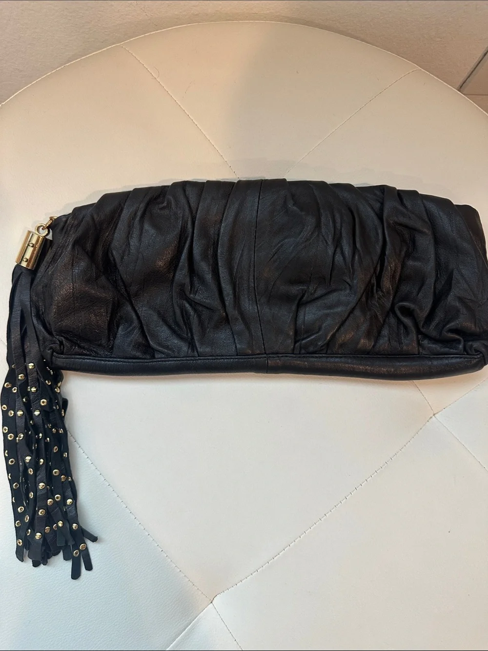 Steve Madden Black Ruched Leather Clutch with Tassel